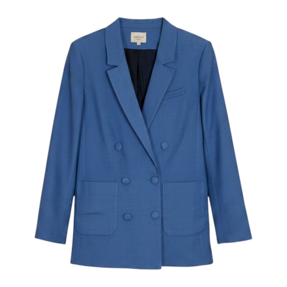 Sezane Double Breasted Blazer Women 42 Blue Linen Blend French Chic Workwear
